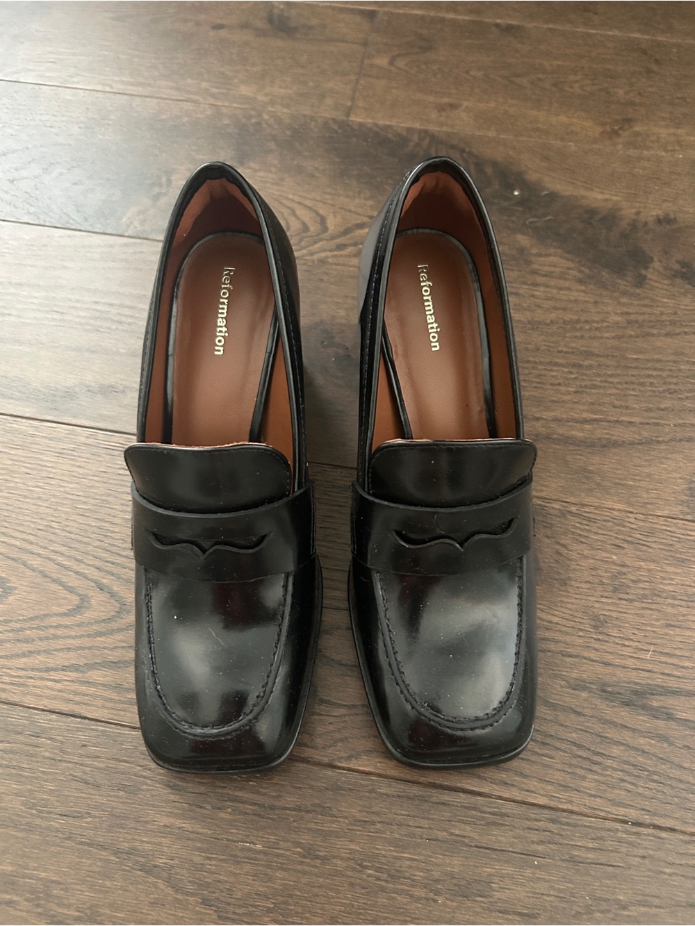 Reformation Nadine Black Patent Square-Toe Penny Loafers